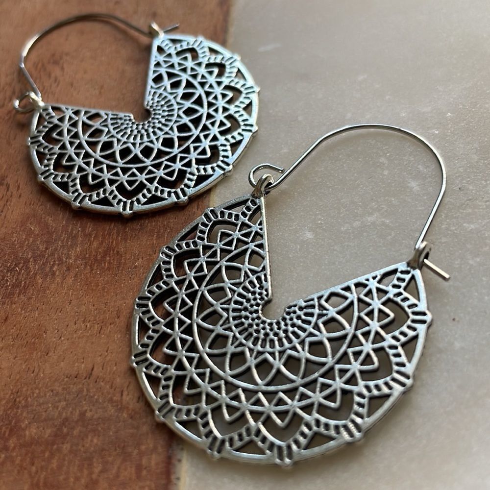 Silver Basketweave Hoop Earrings - Picture 5 of 10